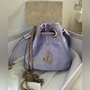 Jimmy Choo Metallic Lilac Drawstring Mini Bucket Bag with Gold Hardware